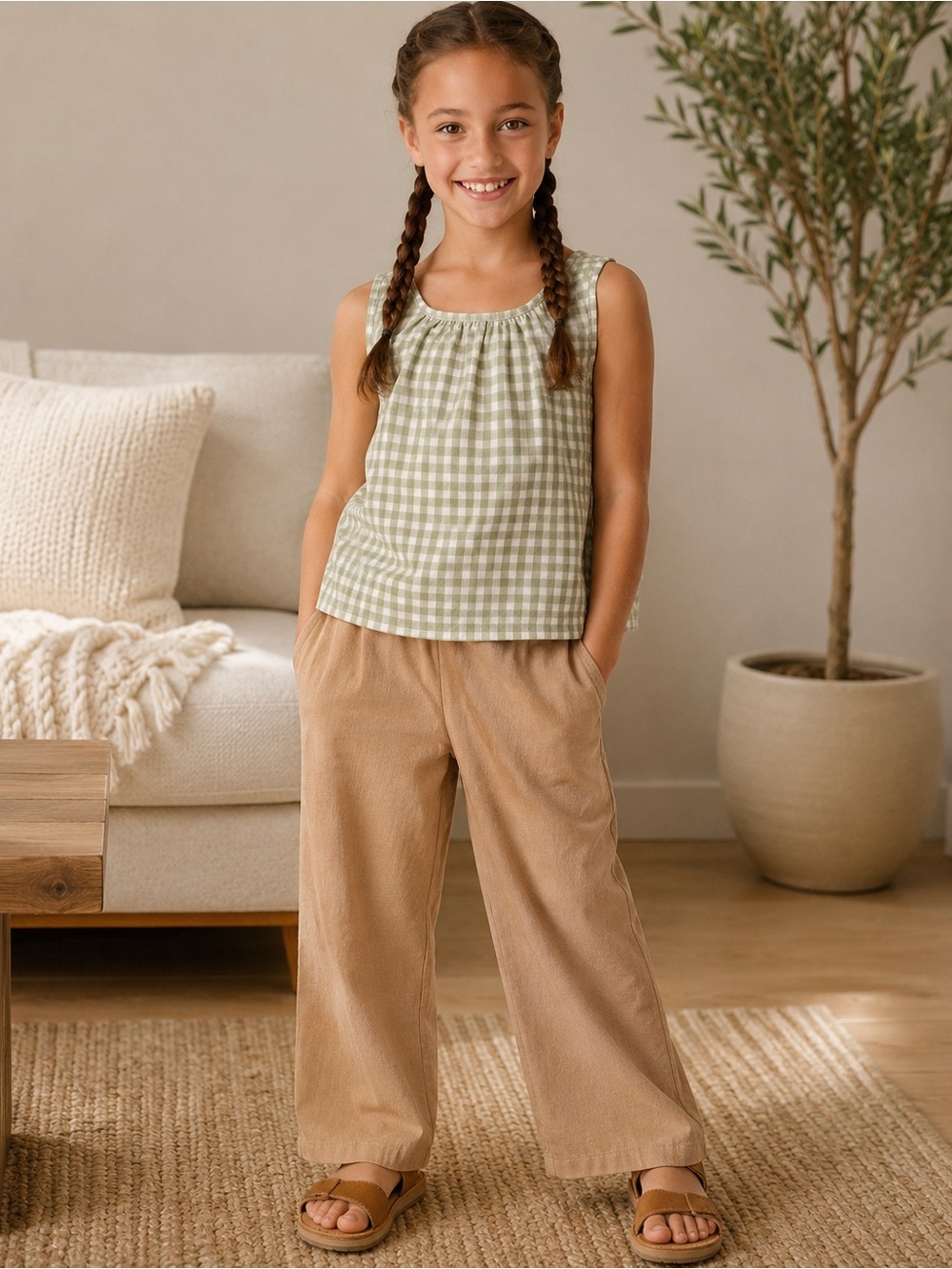 Sunday Collective Apron Back Melon Gingham Tank